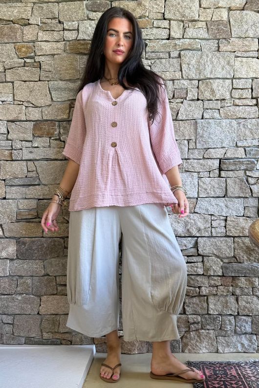 Andi Basket Linen Blend Top Rose